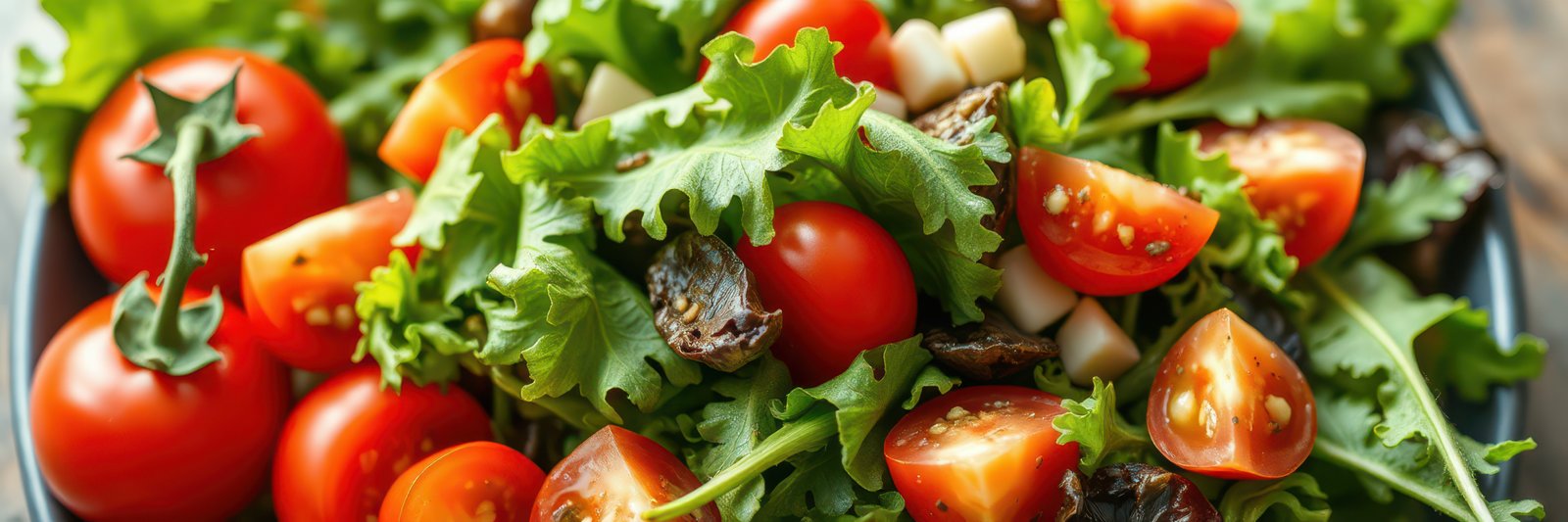 Fresh salad with vibrant cherry tomatoes and leafy greens at a local market on a sunny afternoon